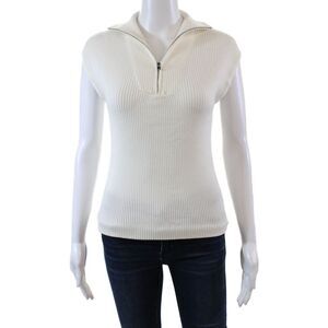 Gallery Couture Womens Ribbed Sleevless Zippered High Neck Top White Size S